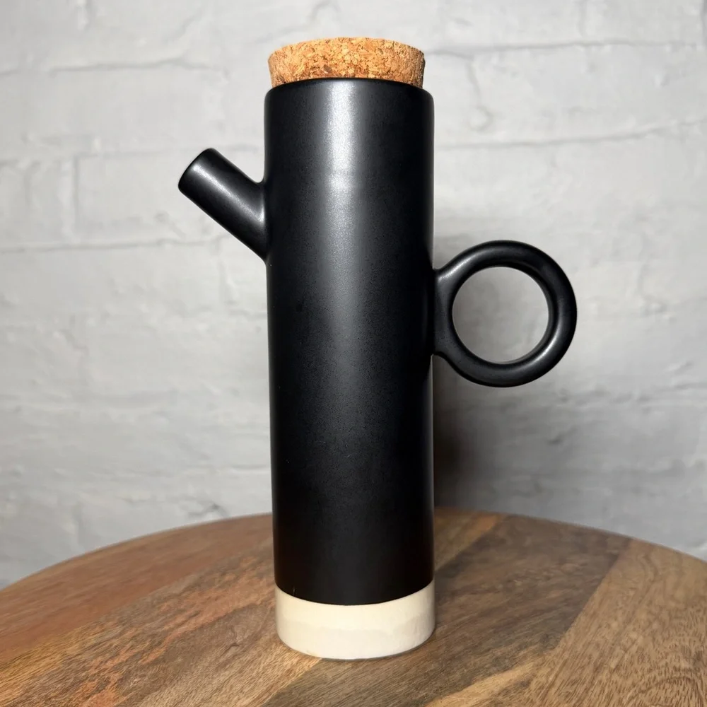 Crate & Barrel Shaillee Matte Black Ceramic Cruet Vase with Cork Lid
